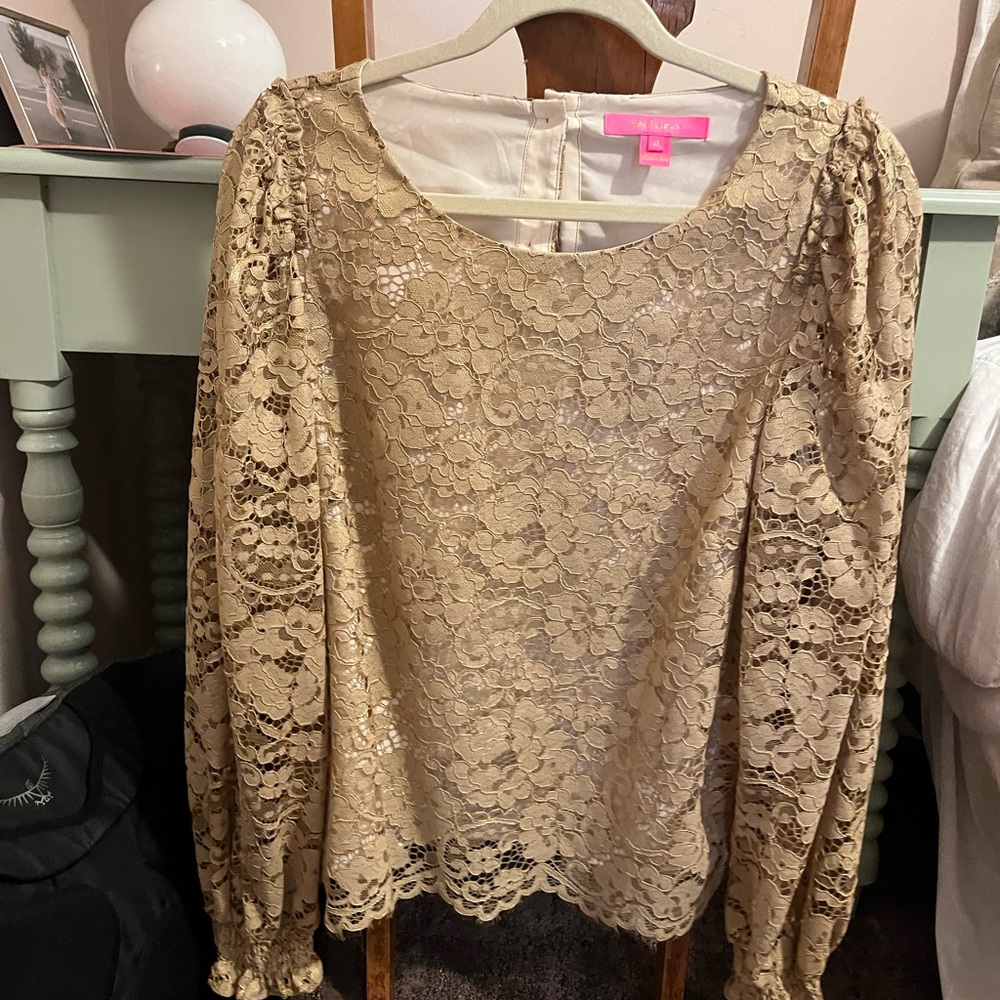 Lilly Pulitzer Beige Lace Long Sleeve Blouse